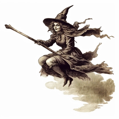 drawing of a witch on a broom, vintage illustration, clipart, clean white background