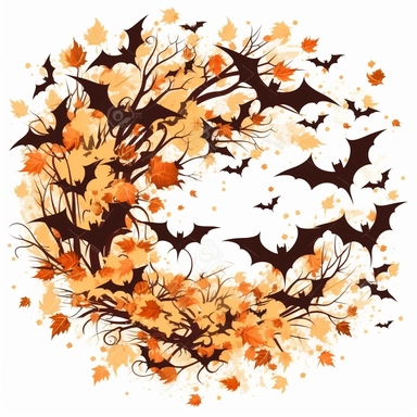 clip art style Halloween theme including witch bats, autumn leaves,vector logo white background detailed wide spacing