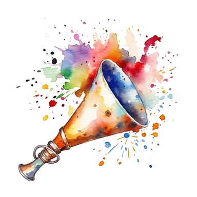 Clipart, watercolor, white background: A party horn and confetti, ready to be blown and thrown to add a festive atmosphere to a birthday gathering.
