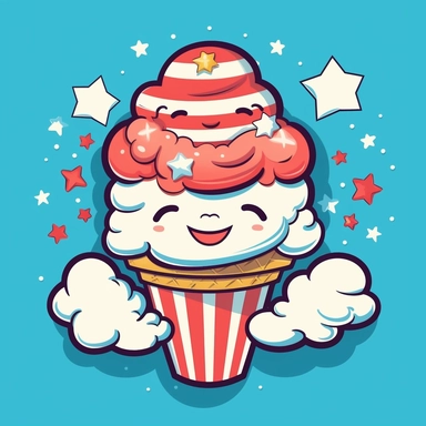isolated flat clipart on a white background of a cute Fourth of July themed happy cartoon face ice cream with stars on a blue background and red horizontal stripes tshirt design graphic, in the style of daniel f. gerhartz, transcendent, nikon d850, art of burma, captures the essence of nature, in the style of organic forms and patterns, expansive skies, hyper-detailed illustrations, i can't believe how beautiful this is, lively colors