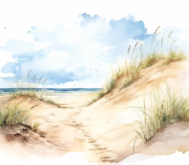 watercolor of the beach and dune clipart, in the style of nature-inspired imagery, hand-drawn animation, uhd image, bec winnel, lush and detailed, layered composition, jacek malczewski, white background