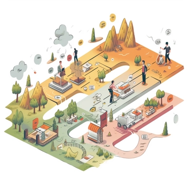 clipart. a customer journey map for a customer using a software product. muted colours.