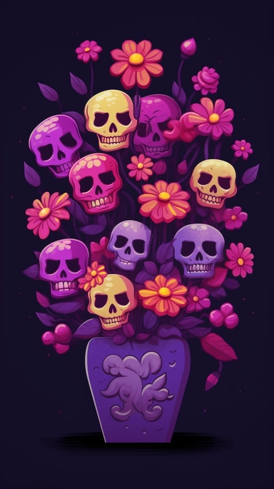 create a funny flowers bouquet, magenta and purple petals, as Halloween, bright green stem, black background, tiny purple bats flying around the flowers, and some tiny funny Catrina skulls for Halloween over emery flower, clipart,