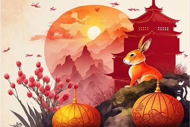 clipart, hand painted, watercolor, vectors, cosmic bright red background, sharp focus, highly detailed, Golden Rabbit with round eyes, Chinese New Year, Bright Red, Celebration, Colorful Confetti behind, Cute, Cheerful, Disney style, Chinese lantern, beautiful Chinese landscape with yellow barley field, ancient pagoda and Buddha statue in zhangjiajie cliffs behind