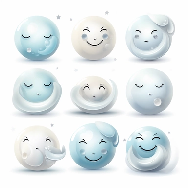 beautiful smiling moon symbols in white, pale blue and silver, white background, vector-style, clipart collection