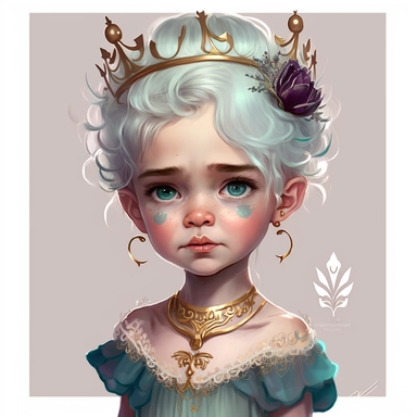 boho little girl, big eyes, light lavender skin, short white hair in tall updo with a small gold crown, teal eyeshadow and red lipstick, black cami, nautilus shell necklace, evil laugh, holding a gold trident, very detailed and realistic, watercolor, portrait, white background with margins, clipart style,
