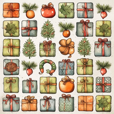 Watercolor line art, little squares filled with doodly patterns of  xmas ,ornaments and decorations , illustrations clipart set, simple, christmas colors , cartoon elements, different variants , stocking, bubble ornaments, mistletoe, holly, wreath, modern art, separate elements with a margin