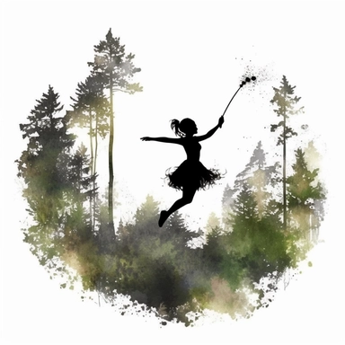 black silhouettes of cute fairy flying with magic wand in the forest, clipart with white background, watercolor style, clearly defined separate image, high quality--ar3:4-no mockups, watermarks, numbers, writing, letters--q2--v5.1--s1000