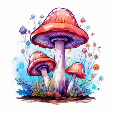 Watercolour Magical Mystical Mushrooms clipart, vector, contour, vibrant, detailed, beautiful,32k , outlined trippy graphic design, Acrylic paint, white flat background, flat