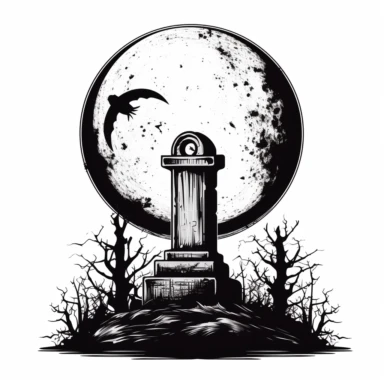 A scary looking tombstone for halloween with large full moon behind it, white background, single design, clipart, vector style graphics, sharp lines