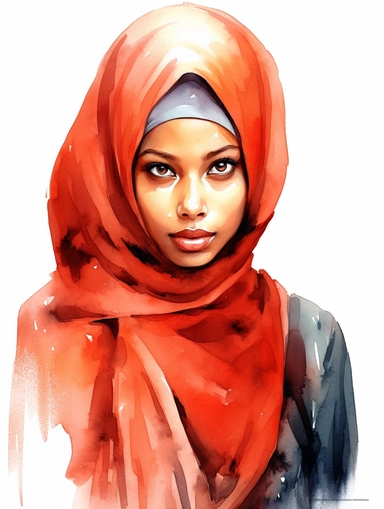beautiful somalia girl with hijab, watercolor, white background, clipart