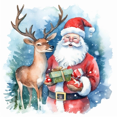 Clipart on blue backgraund red Santa Claus with red big gifts and a Christmas deer in a snowy green forest book illustration water color