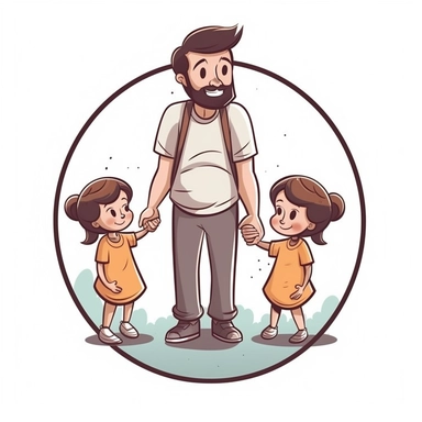 children holding father's hand, sticker style vector illustration for t-shirt, clipart, white background