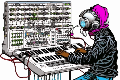 white background 1995 clipart cartoon, cool cigarette dude with giant brain playing a modular synthesizer,