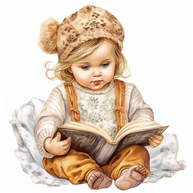 Cute Beautiful Vintage Baby Girl Reading Book Sublimation Clipart,hyper realistic, intricate detail, illustration style,high solution,on the white background