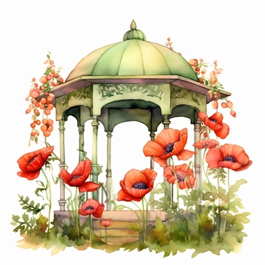 Poppy Pavilion - A part of the Whimsical Botanical Dwellings collection, this watercolor clipart features a splendid pavilion created from Roseate Hue poppies and Fern Green leaves. The pavilion, with its beautiful design and vibrant colors, stands out distinctively from the white background.