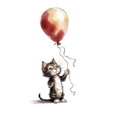 anime 300 dpi white background clipart A kitten being lifted slightly off the ground by a large helium balloon tied to its collar.