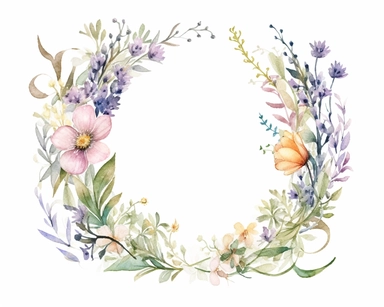 a watercolour of a 7:10 rectangular frame, a floral flourish and a wreath made out of very delicate spring wildflowers on white background for clipart, 8k