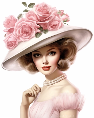 detailed beautiful lady facing me with vintage hat with pink roses dressed in a vintage dress, hyper realistic, 8k, isolated on white backgorund, clipart