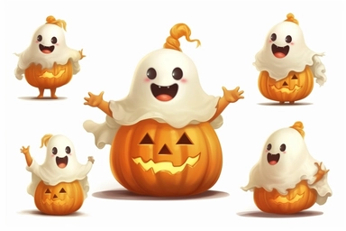 Cute ghost. Happy halloween ghosts characters, spooky expression creature. Funny scary magic demon with pumpkin, mystery creative nowaday vector clipart, realistic, full frame, very detailed