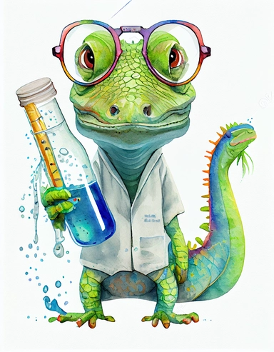 detailed watercolor kawaii crocodile with eyeglasses wearing a lab gown holding a test tube with chemicals, facing front, isolated on a white background, clipart