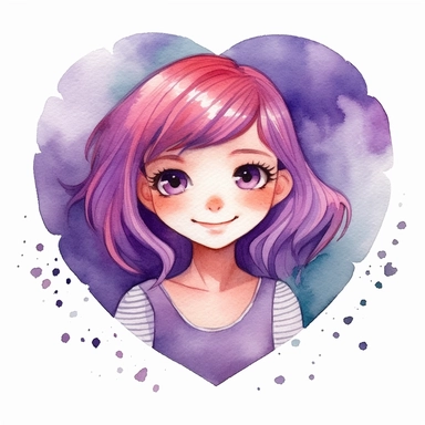 watercolour clipart of a girl with purple hair , she is the catalyst for her group shared common dreams, binding the girls together. She is direct, occasionally sharp-tongued, and highly empathetic. With a heart full of compassion, she never hesitates to lend a helping hand to anyone in need. She`s dedication to their craft is unparalleled, make her smiling, exalted mood, white background, 8k, f1