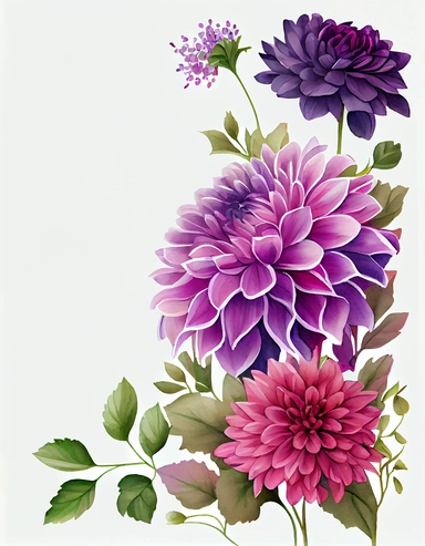 detailed watercolor purple dahlia flower corner border template , isolated on white background, realistic, clipart