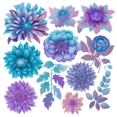 clipart set of purple and blue flowers, kaffe fassett, Master of the Embroidered Foliage, behance winner high detail, psychedelic, isolated on a white background