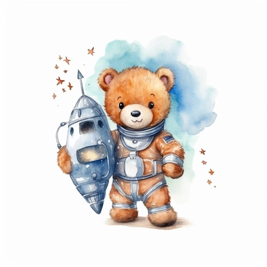 cute watercolor teddy bear as an astronaut on a rocket, clipart, white background