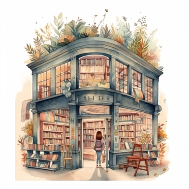 Bookstore,cute bookstor,muted colors,clipart on a white background, an illustration of by Annabel Kidston, shutterstock contest winner, generative art, detailed painting, digital illustration,photoillustration isolated on white background, digital watercolor,dark outline,high quality,8k