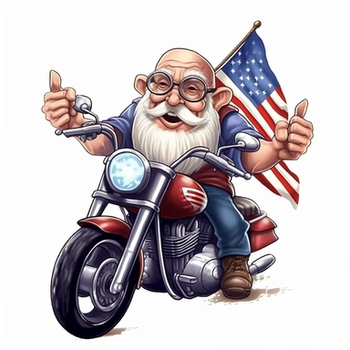 Cute Beautiful Patriot Grandpa On Motorbike clipart,Cartoon, hyper realistic, intricate detail, illustration style,high solution,on the white background