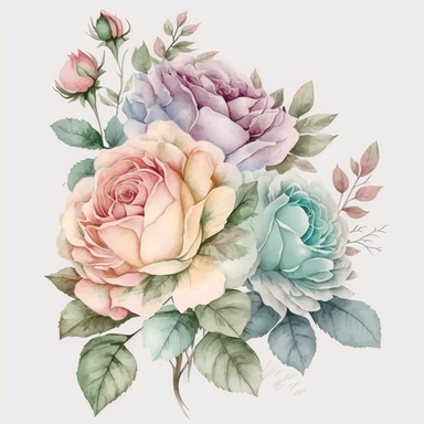 soft colorful pastel colored rose bouquet clipart, soft and subtle, colorful fairy pastel colors watercolor style, fawncore, pastel roses only, dreamy pastel colors, muted pastel colors, plain white background, use of fabric, excellent depth of shading in soft watercolor style, watercolor artwork, plain white background for transparent editing