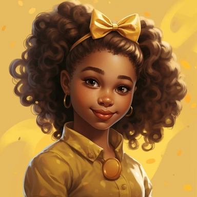 illustration concept of cartoon african girl with a bow clip art, in the style of lilia alvarado, yellow and gold, poodlepunk, walt disney, realistic portrait drawings, charming anime characters, 32k uhd
