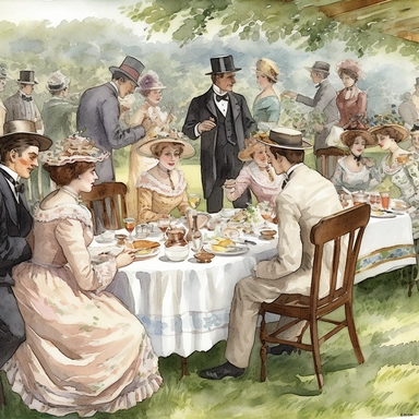 watercolor style, a beautiful British tea party outside on a long wooden table with chairs with teacups in saucers, serving plates, finger foods on platters on tiers, women in fancy Victorian dresses sitting in the chairs, the women with beautiful faces and men in fancy suits, ties, and fabulous hats, playing croquet on the lawn, clipart, digital art, illustration