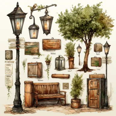 clipart, watercolor illustration Jerusalem street lamp, tree, street trash can, elements , clipcart Illustration for kids book, multiple poses and exprassions, isolated on white