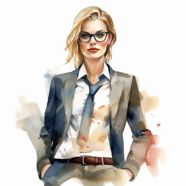A clipart of a woman in a business suit, showcasing professionalism, painted in watercolor style, designed on a white background.