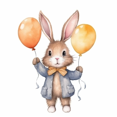 adorable bunny holding balloons, handpaint watercolor, high resolution, cartoon style, watercolor clipart,