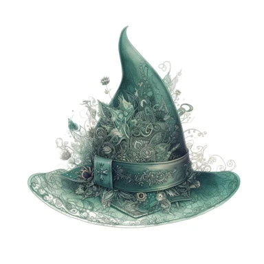 a witch hat decorated with magical ornaments , in the style of mystic mechanisms ,pencil art illustrations, Isolated white background, reimagined by industrial light and magic, lith printing, illusory images, watercolor clipart, very subtle emerald tones, , ,