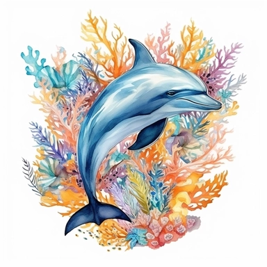 watercolor dolphin swimming through plants and corals, shades of coral turquoise yellow and blue, glamorous, very detailed and realistic, white background with margins, clipart style