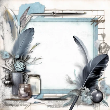 A collection of photo frame PNG clipart inspired by the theme 'Writing Without Tears'. Each frame is intricately decorated with line art motifs of classic writing tools such as feather quills, inkwells, parchment, and softly flowing script, arranged carefully along the borders. The color palette is calm and soothing with soft blues and greys. The center of each frame is clear, providing a space for photos or text. This collection embodies the peaceful and joyful process of writing without tears,