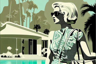 letraset clipart of a the backside of beautiful wealthy elegant 45 year old woman standing with her back to us, holding designer purse in front of a midcentury brutalist house swimming pool in palm springs, 1960's, happy, friendly, sunglasses, washingtonia palms, low camera angle, pool