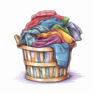 Clothes laundry basket illustration clipart, high detailed, white background, digital art, hd, watercolor