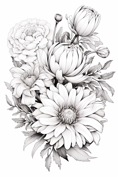 line drawing clipart of tulips and chrysanthemum in black and white