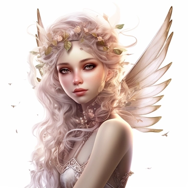 Majestic Fairy with a statuesque figure, highly detailed face, and a serene expression, Use dreamlike lighting with soft sunlight falling on the subject’s face and hair, to create an ultra-realistic image that captures the subject’s natural beauty and personality, clipart on white background