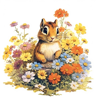 a chipmunk surrounded by flowers, 1970s children's book illustration, clipart, white background