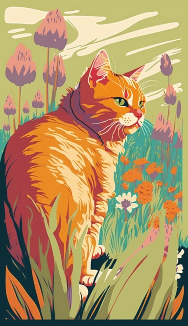 Expressionist cat in flower field Painting: ginger cats silute with tail held haigh, Vibrant Colors, pink + green, Intense Emotions, Fauvism, art deco, pop art deco nouveau, flat 2d vector design, illuminati, clipart, detailed trace