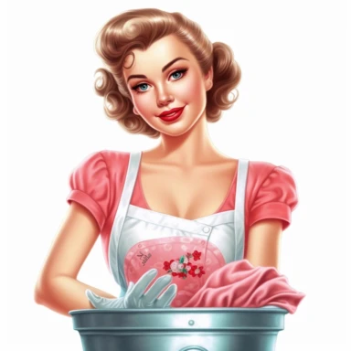 beautiful pretty pin up woman, makeup and hair 50's style, diferent poses,maid dressed, paint art style, cleaning furniture 50's style, detail, clipart, white background, superrealistic, one of a kind