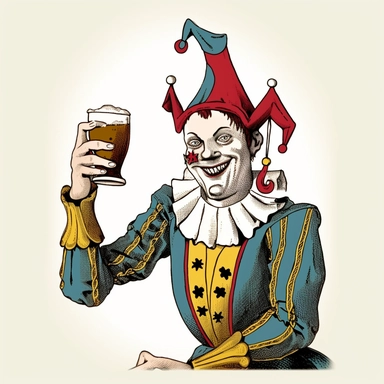 Court Jester holding a large glass of beer, solid lines, pen and ink, Fool's Cap, Playing Card Art, Detailed hands, Detailed Face, flat vector colors, Clean Lines, White Background, Solid Lines, clipart style image