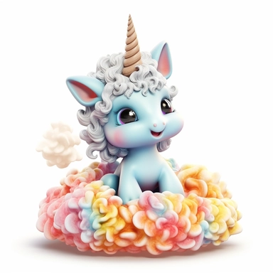 3d cute textured adorable baby unicorn on fairy rainbow cloud,enchanment,magical journey,innocence,playful,adorable,fantasy,wonder,clipart,white background,colorful