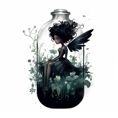 A whimsical black fairy with shimmering wings, floating in a glass bottle filled with a magical fairyland, clipart, white backgroound